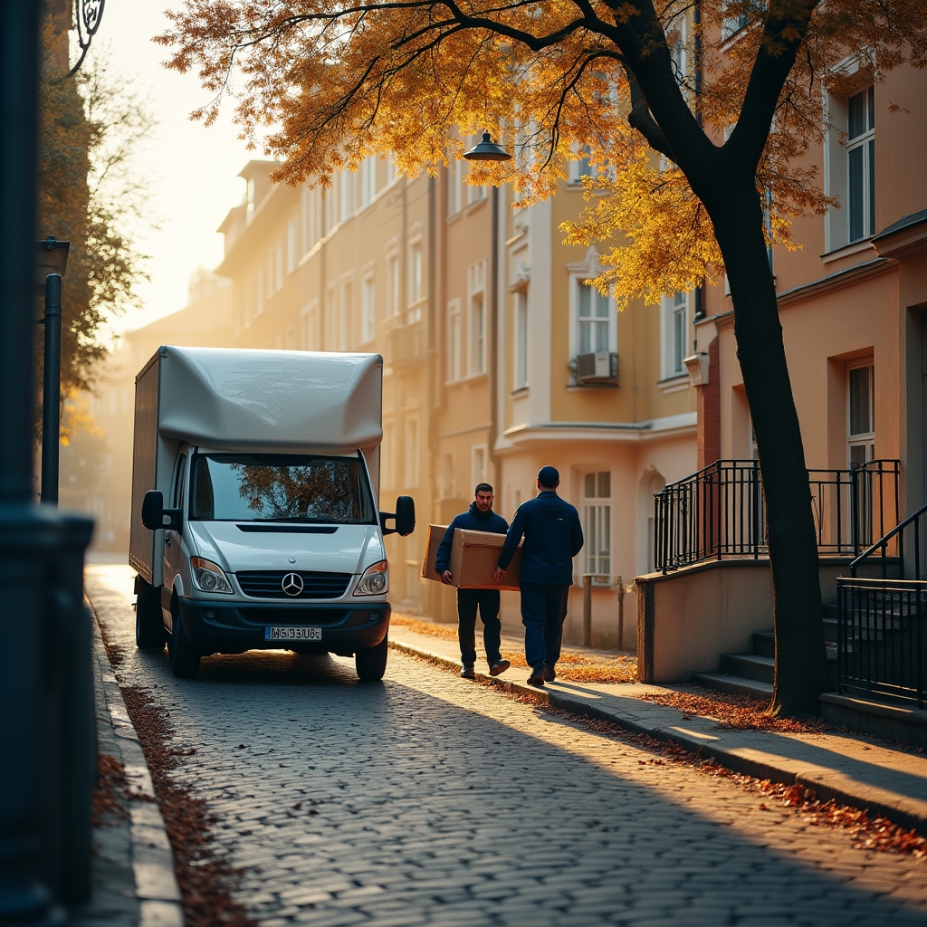Stěhovací auto zaparkované před bytovým domem